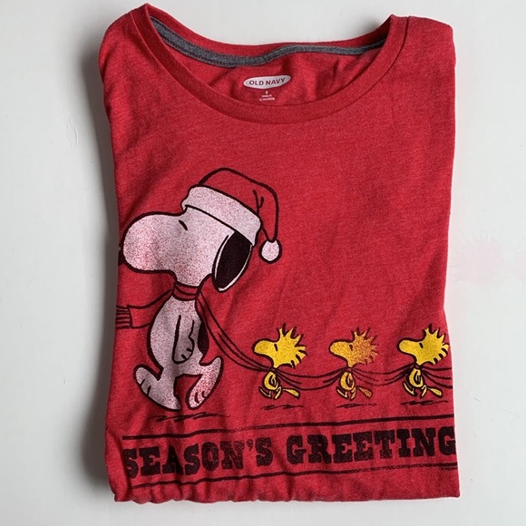 OLD NAVY Snoopy Woodstock Seasons Greetings Holiday Peanuts T-Shirt Size Small - Picture 9 of 9